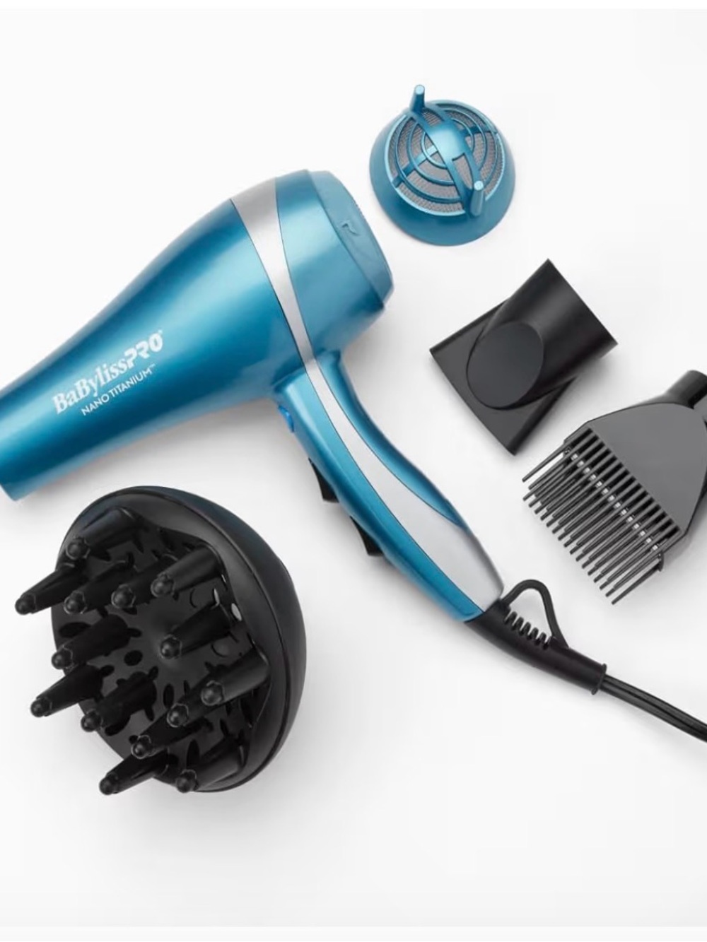 BaByliss Pro nano Titanium Blue and Silver Hair Dryer with Styling Attachments